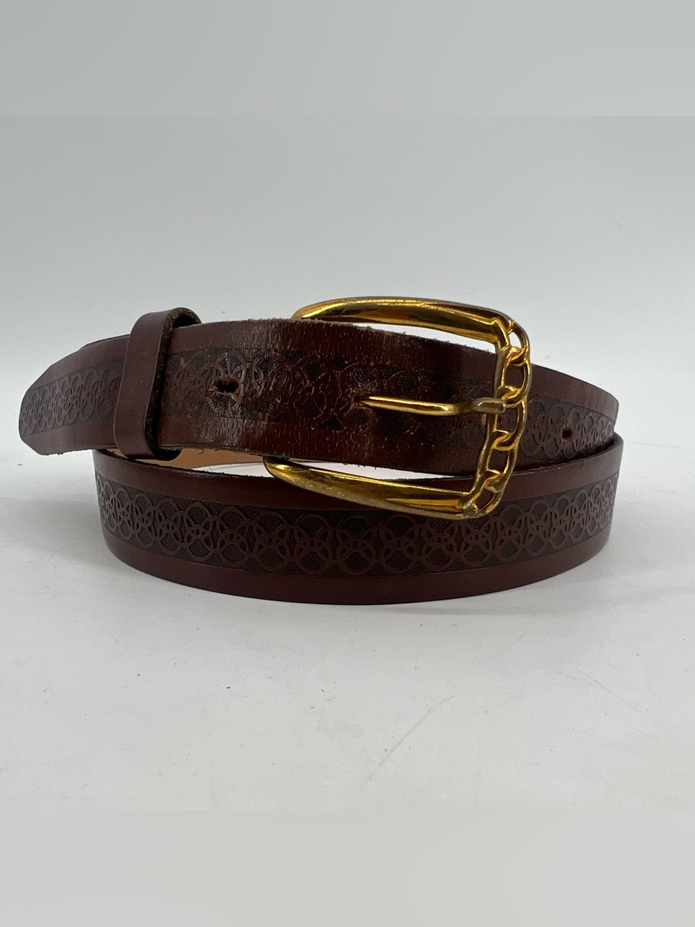 Vintage Women's Cowhide Brown Leather Belt Size 38 Skinny 3/4" Geometric Pilgrim
